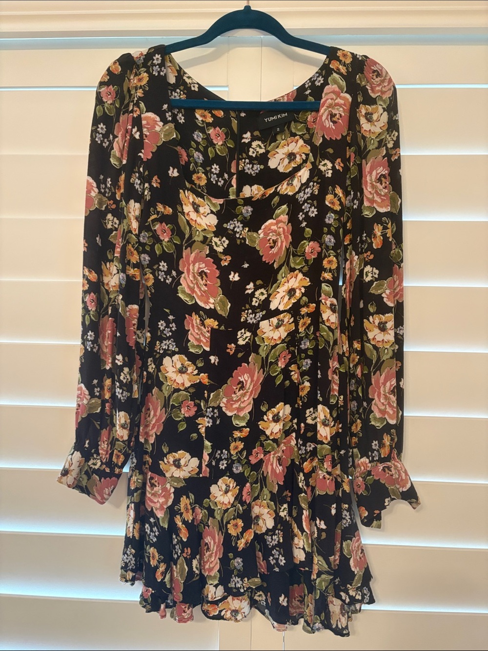Yumi Kim Black Floral Long-Sleeve Ruffle Dress with Pink Roses